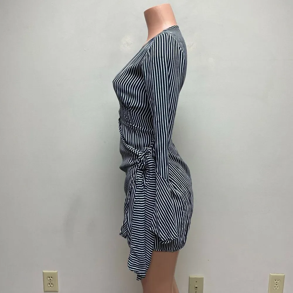 Faithfull Womens Navy Blue White Stripe Long Sleeve Tie High V-Neck Wrap Dress 2 - Picture 3 of 8